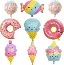 Ice Cream Balloons Donut Party - 9 Pcs Sweet Candy Pastel round Foil Mylar Donut