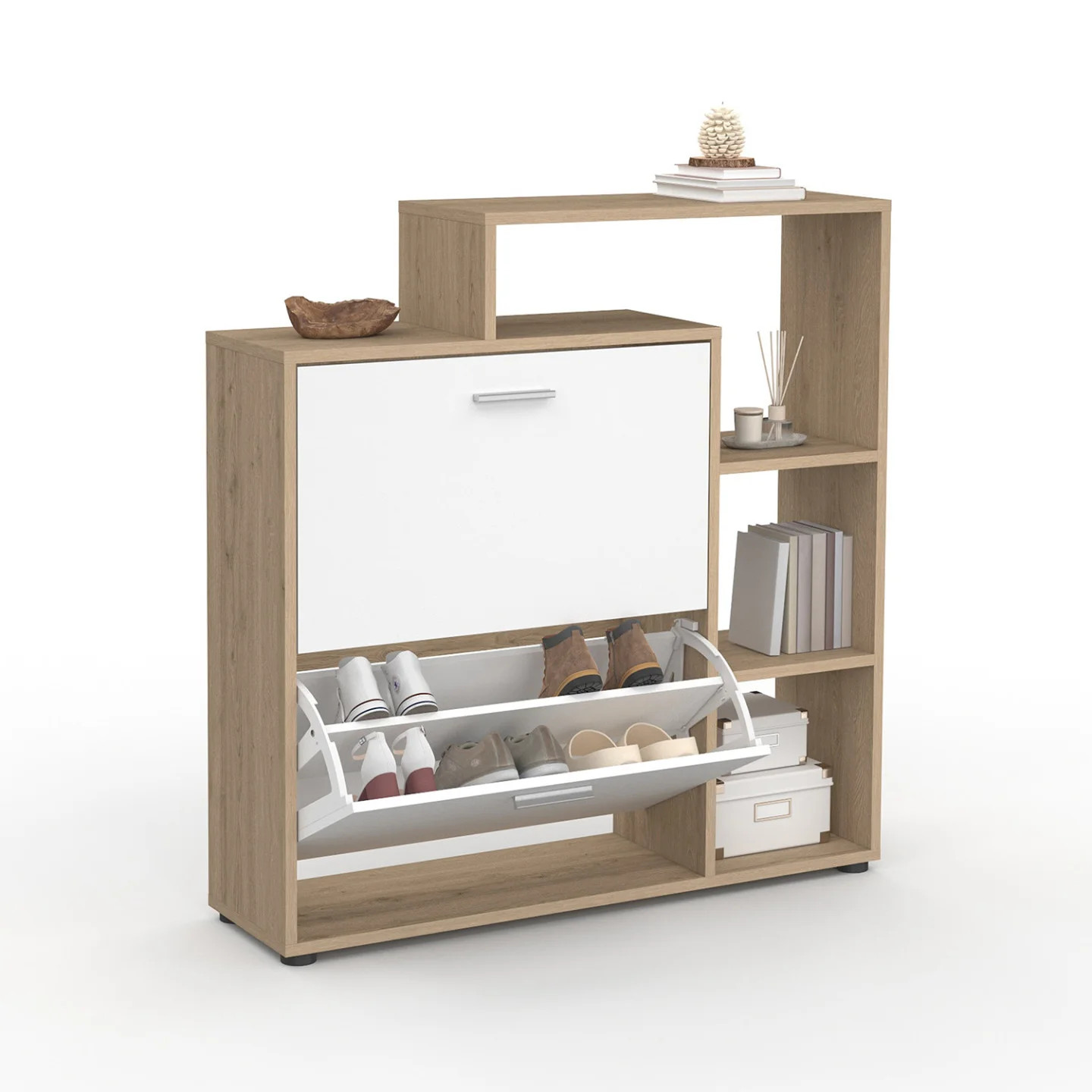 Meuble à chaussures 12 paires KLARK hêtre et blanc pour entrée compacte
