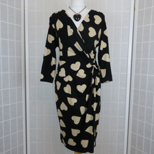 Phase Eight Dress UK 14 Black Cream Heart Print Wrap Front Twist Knot Stretch