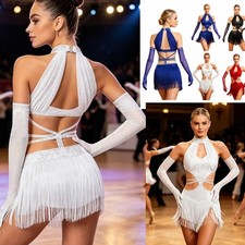 US Women Latin Dance Dress Five-finger Full-length Gloves Cutout Back Sleeveless