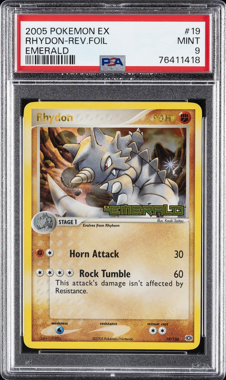 2005 POKEMON EX EMERALD #19 RHYDON-REVERSE FOIL PSA 9