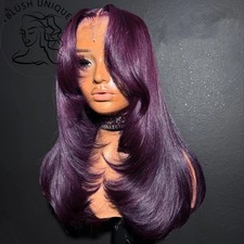 Dark Burgundy HD Layered Cut Lace Frontal Wig Synthetic Pre Plucked Glueless Wig