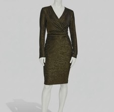 Calvin Klein Women's Black Gold Metallic Faux-Wrap Sheath Dress Size 10