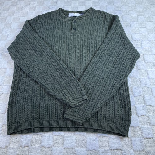 Bill Blass, Vintage Bill Blass Henley Sweater Mens L Olive Green Knit Hand Framed USA 90s
