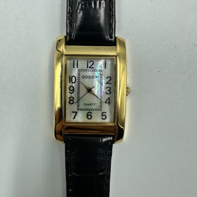 Gossip Tank Watch Women Gold Tone Black Leather Band New Battery 9''