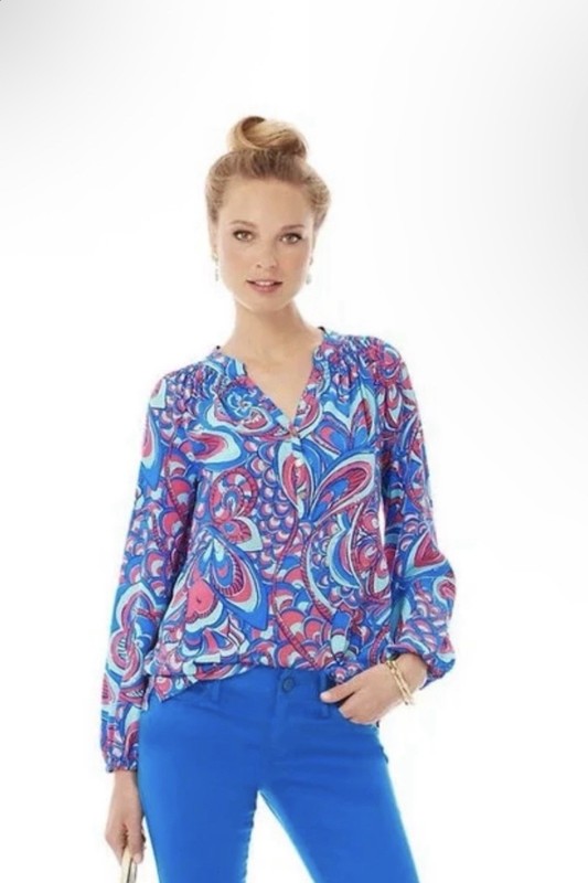 NEW Lilly Pulitzer Size L Elsa Silk Top-Blue Reel Me In Print-Smocked Pink Blue