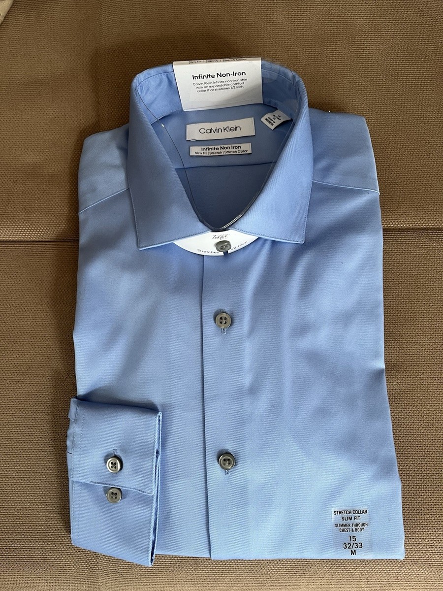 Mens Light Blue Slim Fit Calvin Klein Infinite Non Iron Dress Shirt 15,  32/33