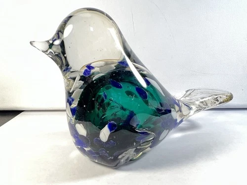Vintage Hand Blown Paperweight Art Glass Blue Green Bird Murano Style