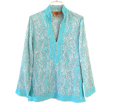 TORY BURCH Size 4 Aqua White Cotton Coral Print Long Sleeve V-Neck Tunic Blouse