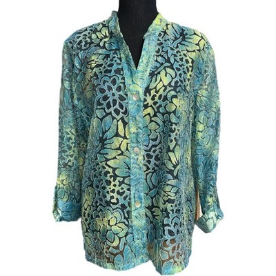 Ruby Rd. - Textured Floral Button Front Blouse - Teal/Blue Multicolor - Size 16