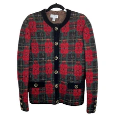 Doncaster Cardigan Sweater Womens Medium Mohair Blend Plaid Red Green Holiday