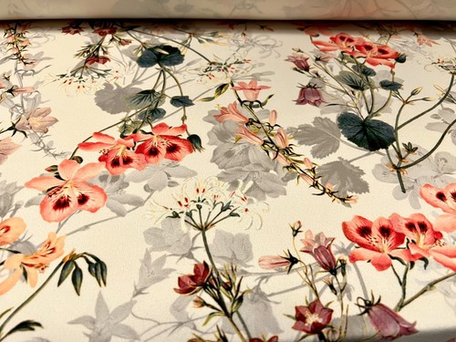 Scuba Crepe Stretch Spandex Jersey Fabric, Per Metre - Floral Print - Cream - Picture 2 of 3