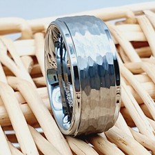 Silver Tungsten Wedding Ring Hammered Center Unique Tungsten Men's Wedding Band