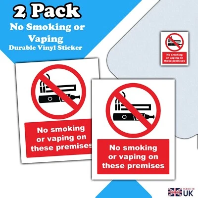 LUMEAN LTD No Smoking No Vaping on Premises Waterproof Vinyl Sticker Sign -2 PACK- 110x90mm
