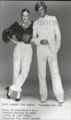 1980 Press Photo Yves Saint Laurent chiffon blouse, satin pants