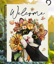 Happy B W Tuxedo Cat Welcome, Two-Sided Burlap Type Outdoor Garden/Yard Flag