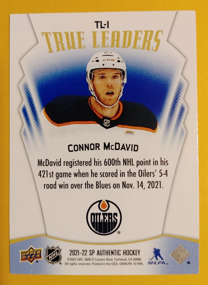 CONNOR MCDAVID 2021-22 SP AUTHENTIC TRUE LEADERS #TL-1 EDMONTON OILERS NM-MT  A2 - Image 2 of 2