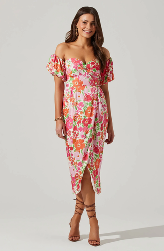 NEW ASTR the Label TROPICAL Floral ZURINA Off The Shoulder PLEATED Midi DRESS S - Picture 15 of 16