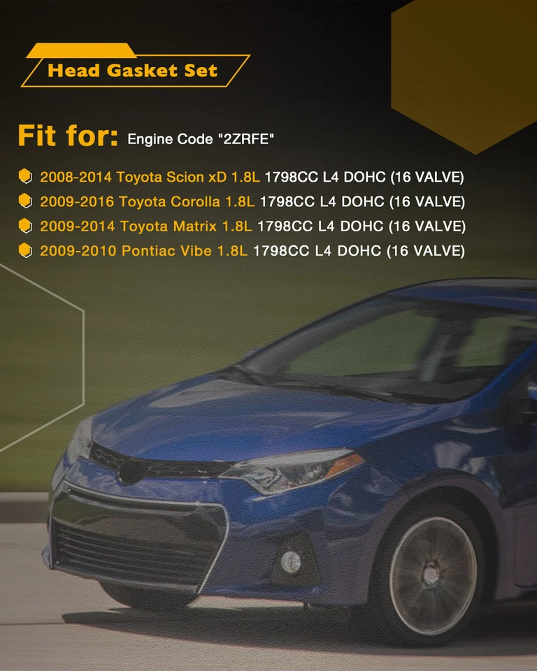 1.8L Engine Timing Chain Head Gasket Set For 08-16 Toyota Scion Corolla Pontiac - Image 2 of 4