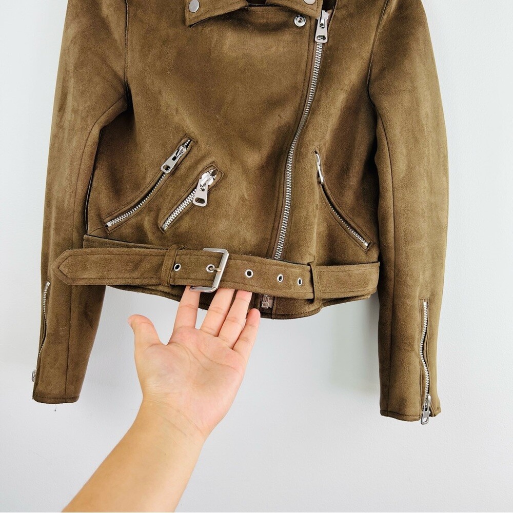 【COSYHARU】Double Zipper Tweed Suede Biker Jacket Crop ver Zara Brown Khaki Cropped Suede Effect Moto Biker Zip up