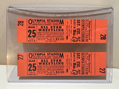 Two (2) Vintage 1961 All Star Wrestling Olympia Stadium Ticket Stubs!