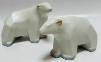 Vintage Pair Polar Bears Cubist Porcelain Figurines Crowing Touch Japan Set Of 2