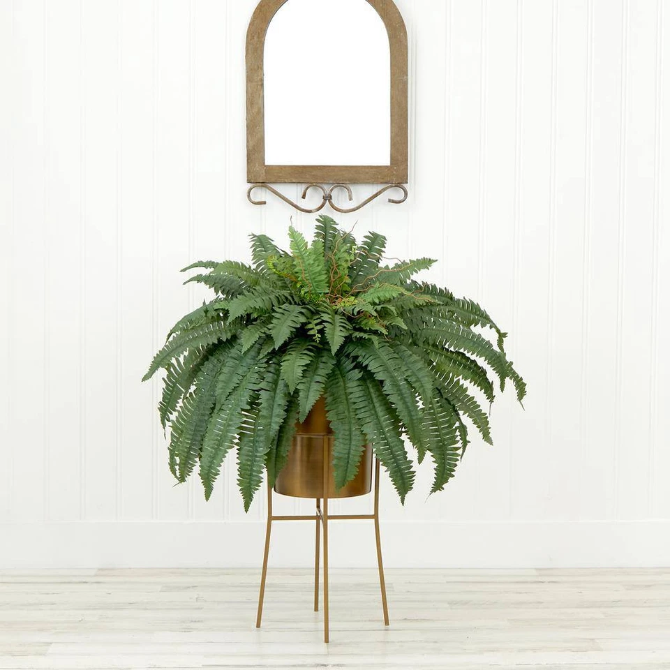 32 In. Artificial Green Boston Fern Plant with Metal Planter with Stand DIY KIT - Image 3 of 4