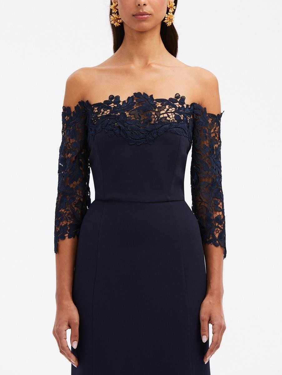 OSCAR DE LA RENTA £5770 Navy Crepe Guipure Lace Trim Gown Maxi Dress UK 20 US 16 image 4