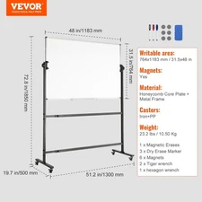 VEVOR Rolling Whiteboard, 48x32 Inch Double-Sided Magnetic Mobile Whiteboard, Re