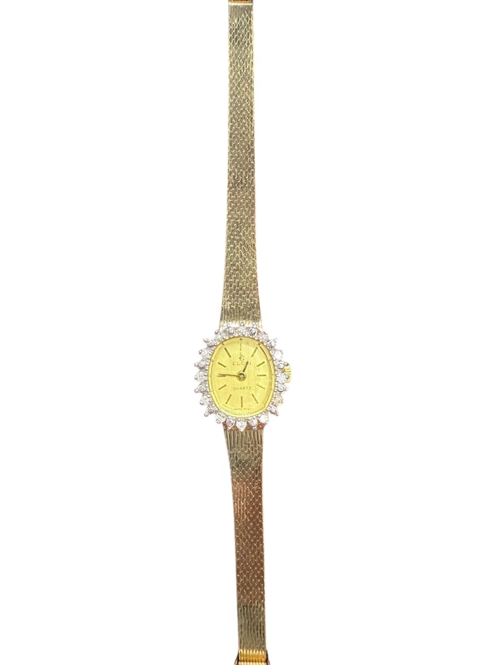 Vintage Elgin Ladies Watch Champagne Dial Gold Tone Oval Diamond Bezel Mesh Band - Image 3 of 4
