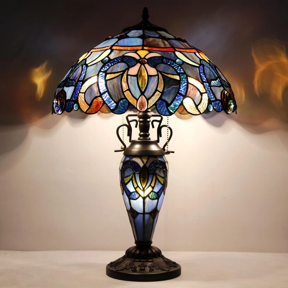 Lámpara de mesa estilo Tiffany azul púrpura nublado vitral madre-hija Vas... Foto 2 de 4