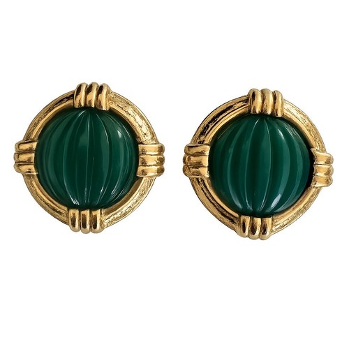 Vintage Bijoux Cascio Green Cabochon Gold Tone Clip-On Earrings Made in Italy