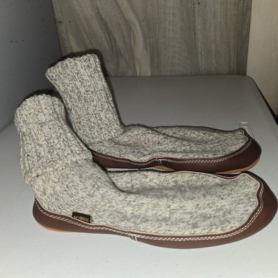 Acorn Original Slipper Sock Mens 6 - 7 Leather Soles Rag Wool Cotton Gray