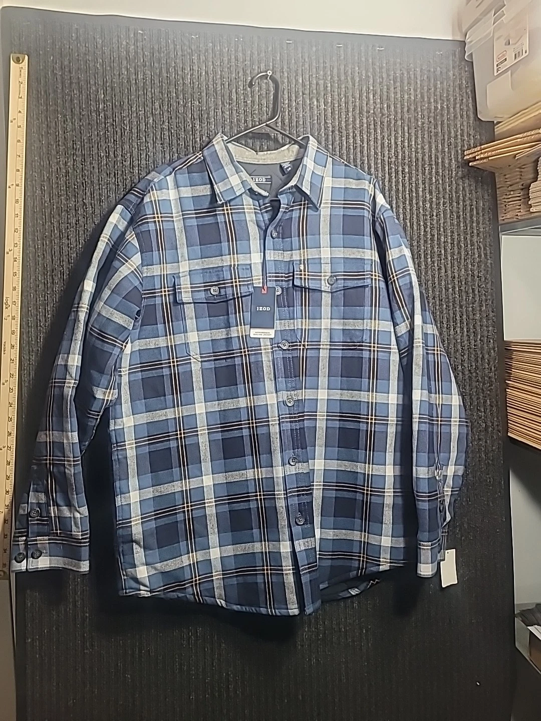 IZOD Flannel Shirt Jacket Mens Size Large Blue Plaid Quilted Lined NEW