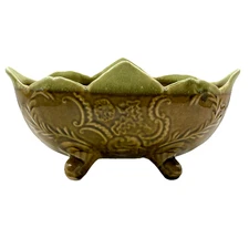 Cookson Pottery Olive Green Drip Flower Footed Planter Bowl CP 92 USA Vtg  10" L