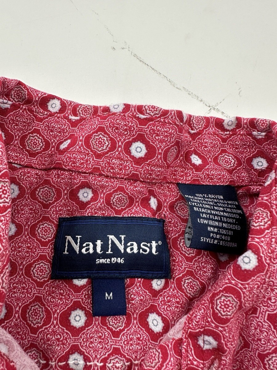 Nat Nast Shirt Mens Medium Red Geometric Rayon Short Sleeve Button