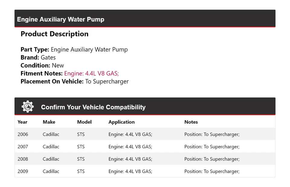 Bomba de água auxiliar motor Cadillac STS para portões de supercharger 2006-2009 - Imagem 2 de 4