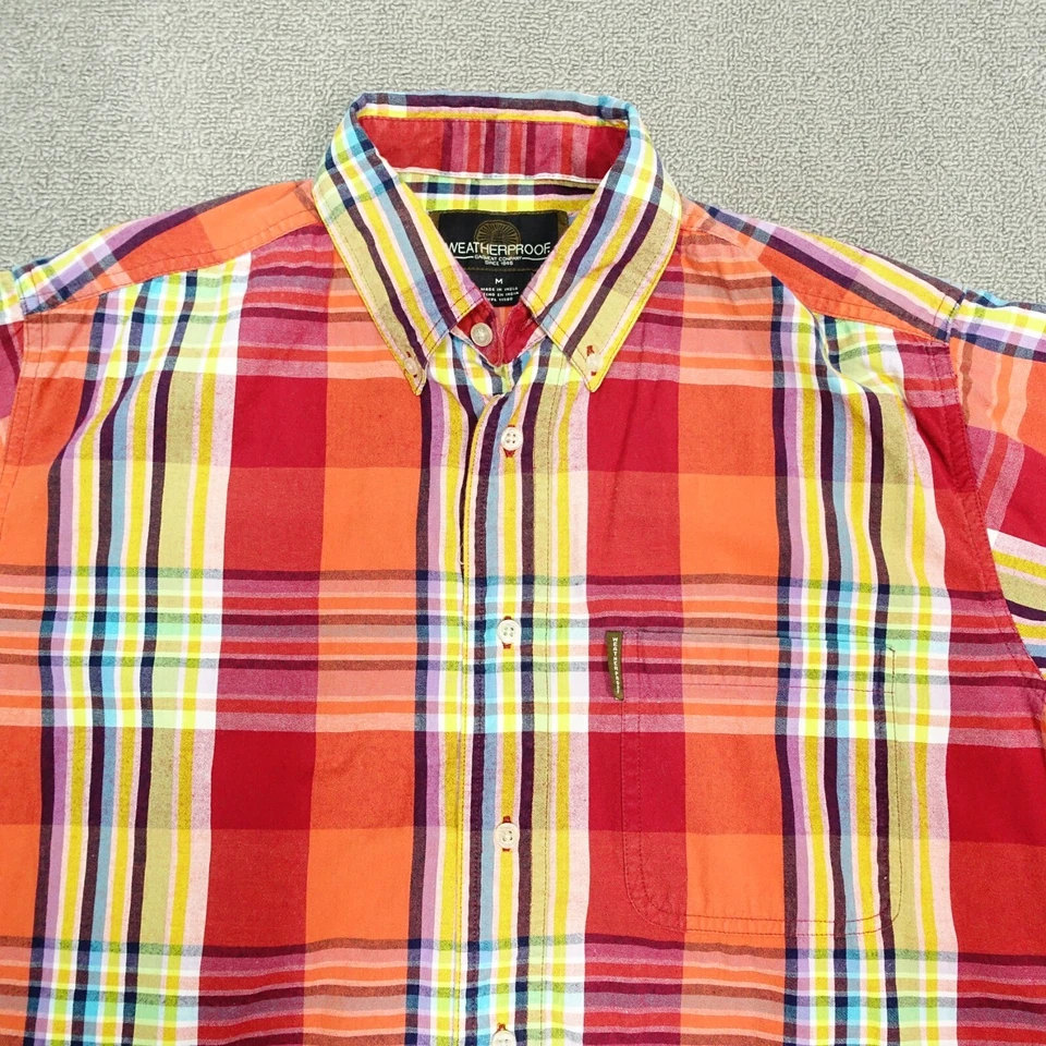 Camisa impermeable con botones para hombre talla mediana naranja roja a cuadros manga corta algodón Foto 2 de 4