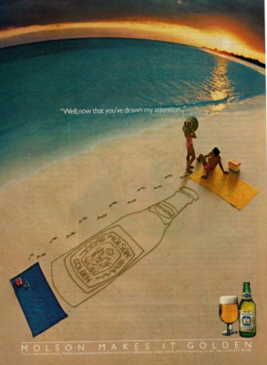 1985 Vintage Print Ad Molson Makes It Golden Beach Ocean Sunset Horizon Beer
