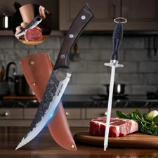 7in Handmade Forged Kitchen Boning Knife Meat Cleaver Chef Knives+Sharpening Rod