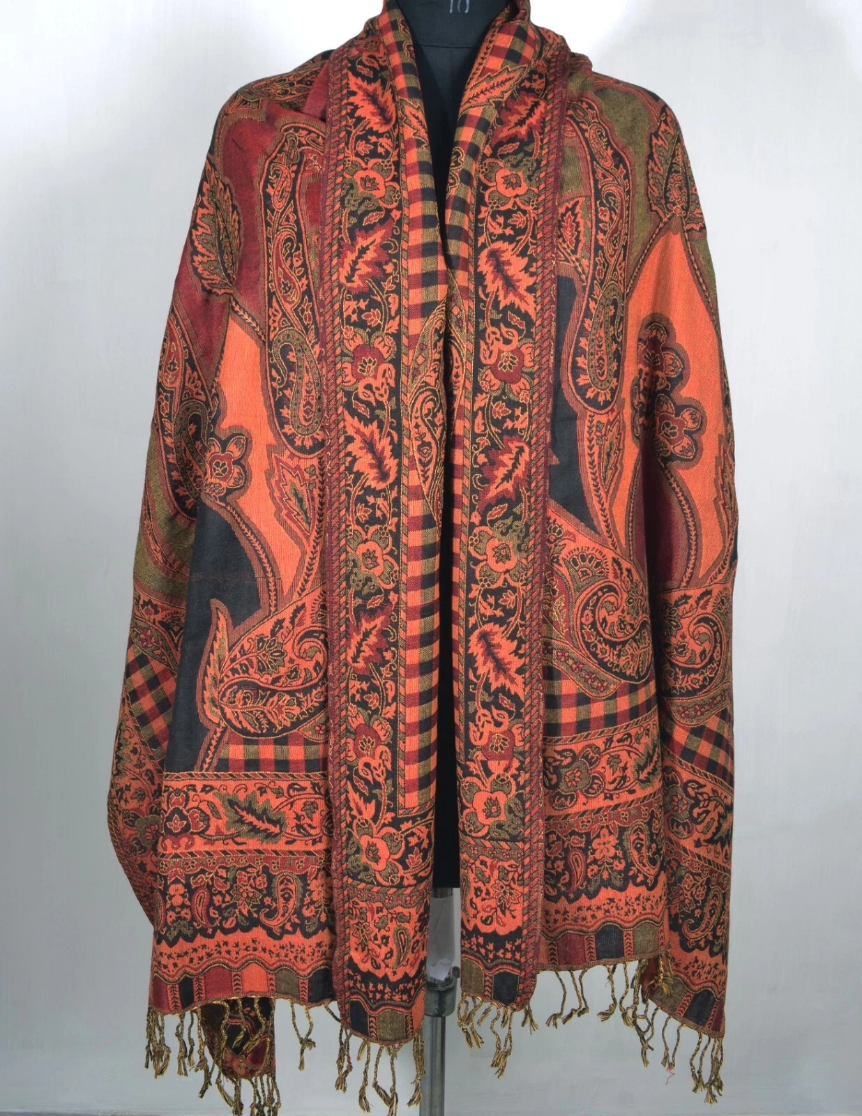 Check & Paisley Scarf. Orange Jamavar Shawl. Reversible Head Wrap Shoulder Cover