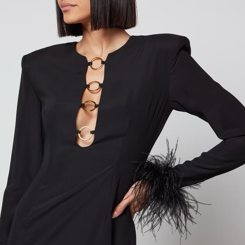 De La Vali Black Gospel Feather Trim Long Sleeve Midi Dress Gold Detail Size 12 - Picture 2 of 5