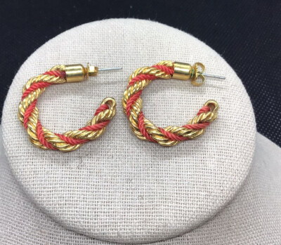 Vintage Costume Gold Tone Red Rope Twist Design Hoop