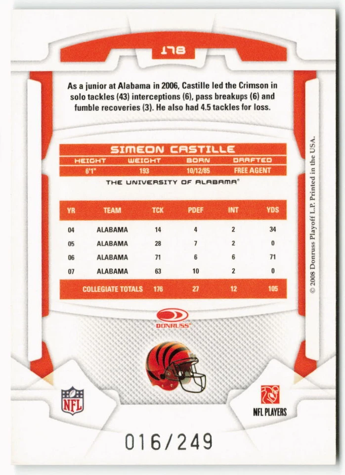 2008 Simeon Castille Leaf Rookies & Stars Longevity Silver 016/249 - Bengals - Image 2 of 2