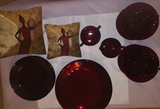 Vtg 18 Ruby Red 4 Piece Serving - Plates Cups Bowls Salad Cream/Sugar Accent