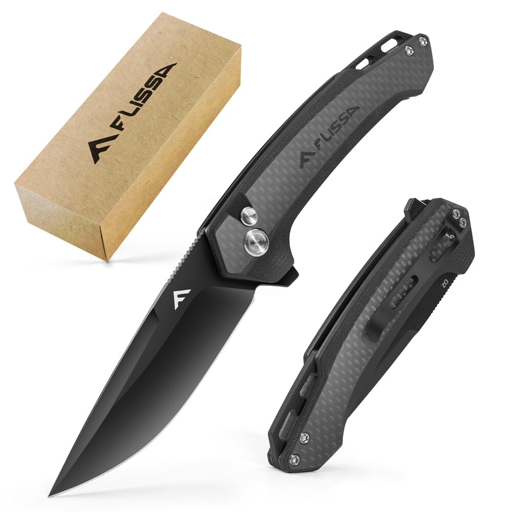 FLISSA Pocket Folding Knife, 3.2” D2 Blade Carbon Fiber Handle EDC