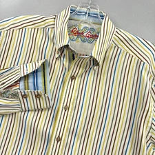 Robert Graham Shirt Mens Large Multicolored Yellow Striped Flip Cuffs Designer