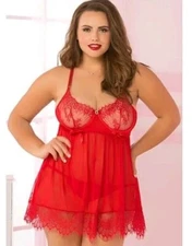 Seven Til Midnight 3X/4X Red Eyelash Lace Babydoll Women Lingerie Sexy Back