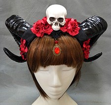 Gothic Devil Headband Floral Horns Headpieces Halloween Skull Veil Headdress