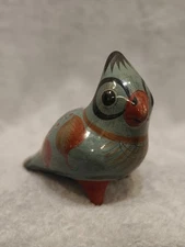 Tonala Mexican Pottery Cardinal Bird Figurine Blue Folk Art Hand Painted